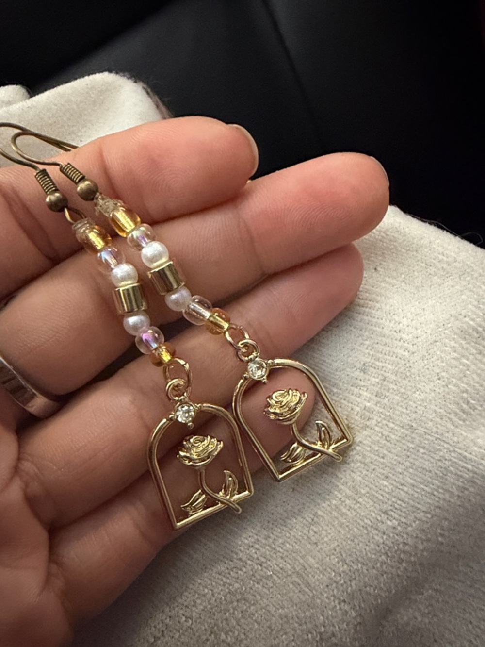 Gold Floral Drop Earrings with Beaded Accent - Women's Jewelry